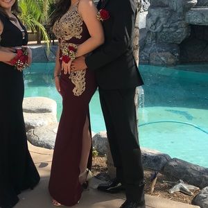Burgundy and gold prom dress